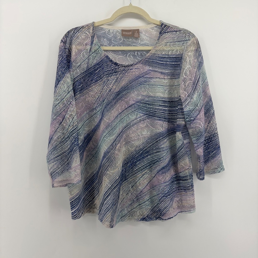 Chicos Size 2/ US L Mesh Knit V Neck Long Sleeve Abstract Print Top‎